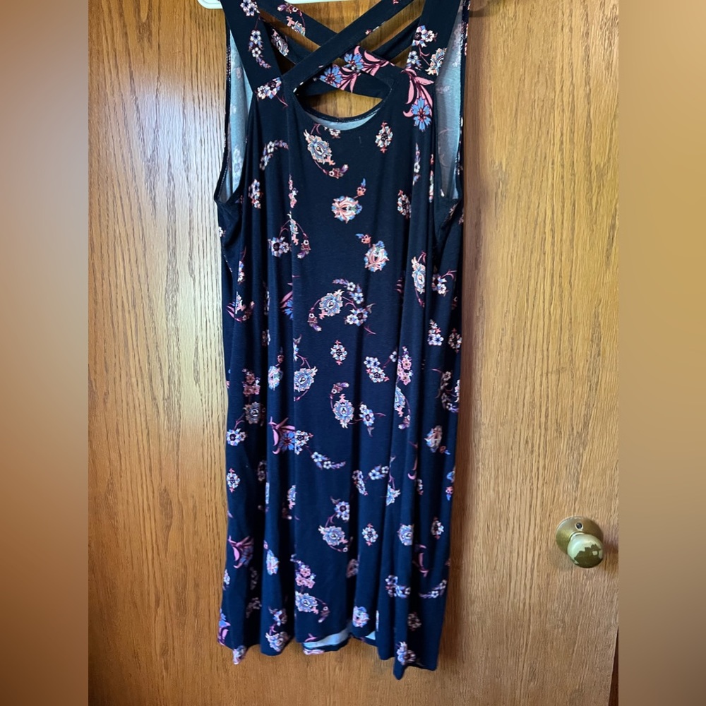 Maurice’s navy‎ blue floral dress criss cross neck front and back large